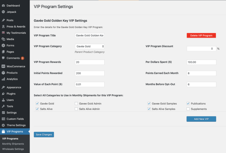 VIP Program WordPress Custom Plugin Settings
