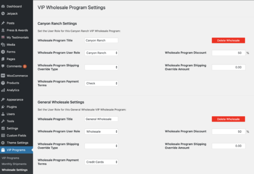 VIP Wholesale Program Settings Screen