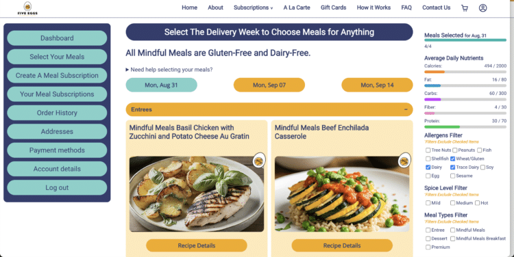 Five Eggs Meals WordPress website homepage featuring their Meal Plan delivery service plugin